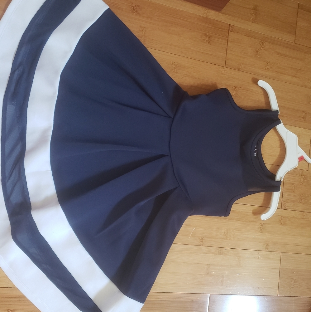 Girl's Navy & White Sleeveless Dress, with Mesh